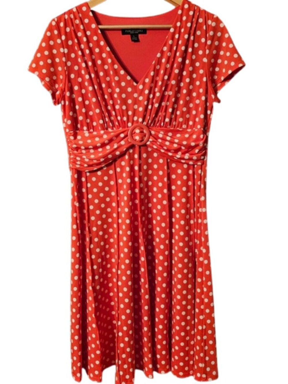 Perceptions New York Red White Polka Dot Midi Dress L Empire Waist Retro Pinup